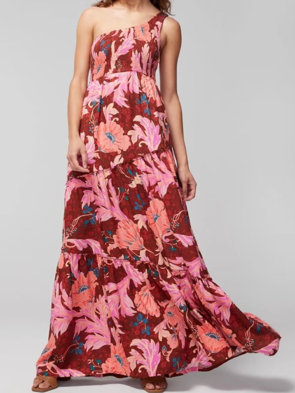 Soma Brown Pink Floral Printed One Shoulder Maxi Bra Dress